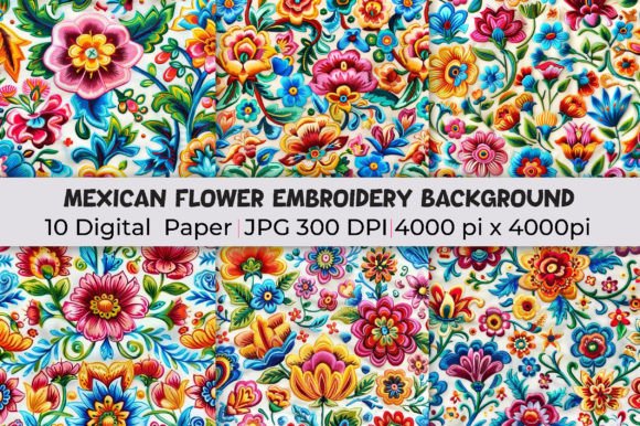 Vibrant Mexican Flower Embroidery Backgrounds for Design